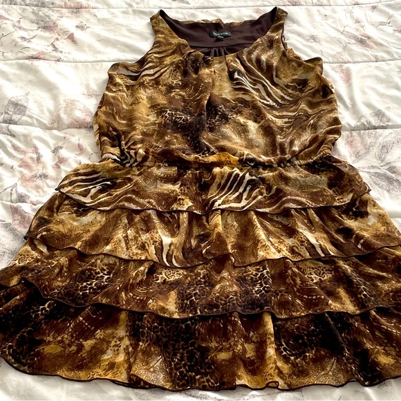 Voir Voir animal print leopard ruffle sleeveless boho fall mini dress, size 14 - Picture 1 of 13